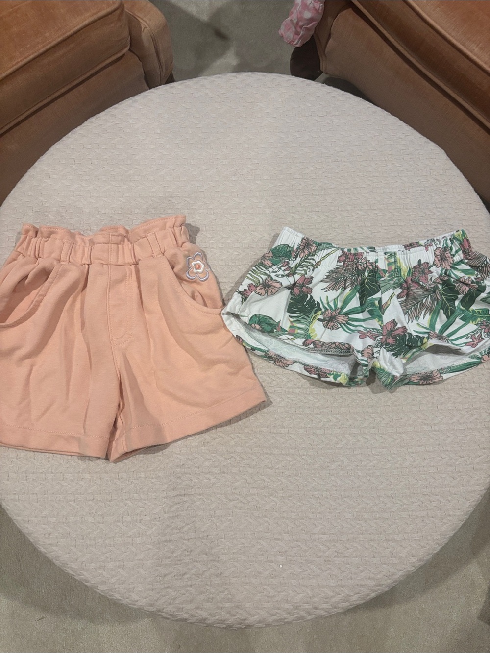 Girls' Peach Paperbag Waist Shorts with Tropical Print Pair